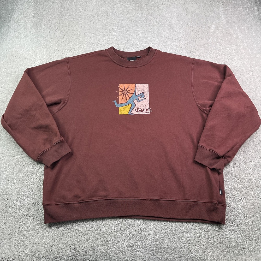Vans Sweatshirt Mens XL Brown Loose Fit Graphic Print Skater Logo Crewneck‎
